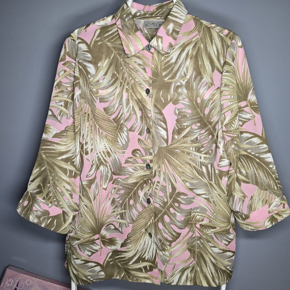 Vintage Kathy Che Floral Blouse-Womens LARGE-Green/Pink-Office,Professional,Work